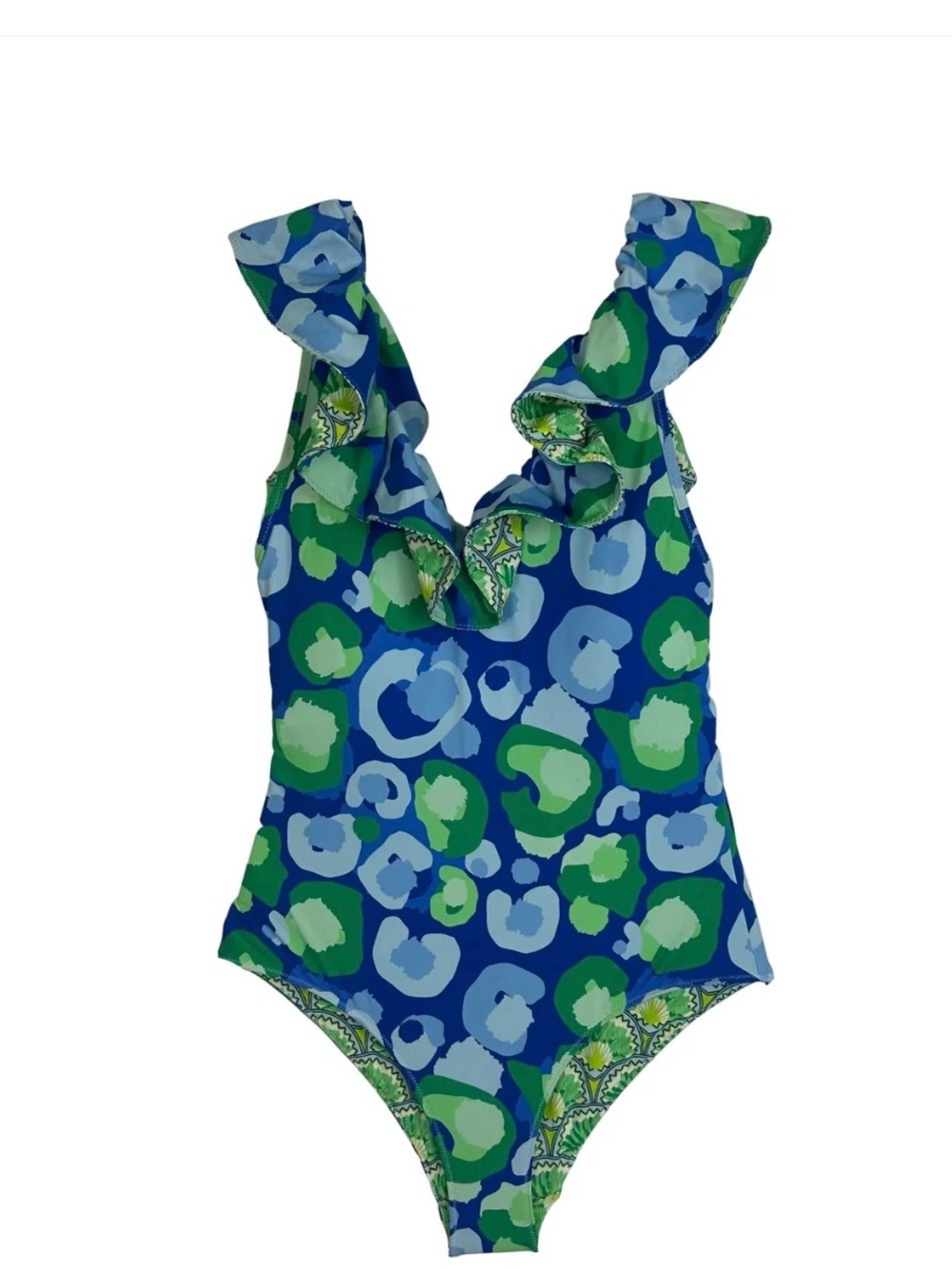 Emily McCarthy blue & green cheetah print bathing suit
